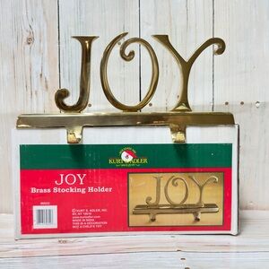 Kurt Adler Brass JOY Christmas Stocking Holder Hanger double 2 hooks vtg